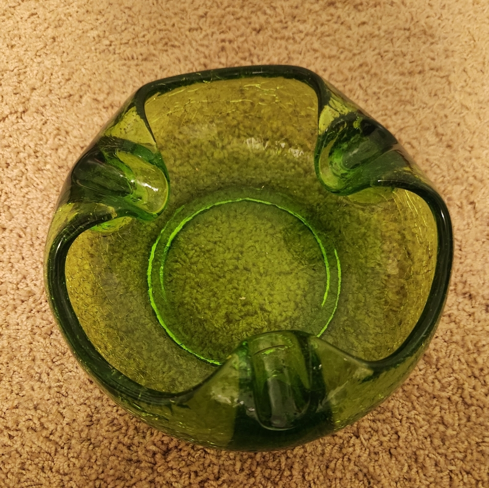 Vintage Crackled Green Glass Ashtray